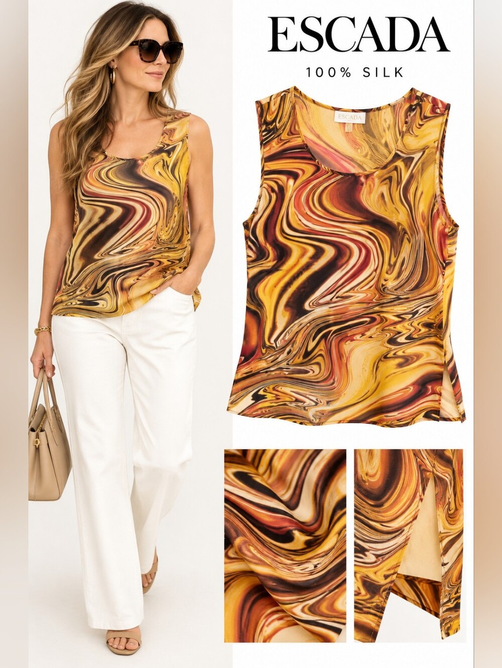Vintage ESCADA 100% Silk Abstract Wood-Grain Print Sleeveless Top Size 38